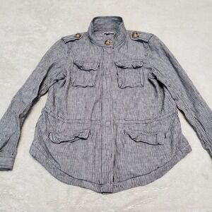 Loft Gray White Striped Utility Zipper Linen Top Blouse Women Small Petite Boho